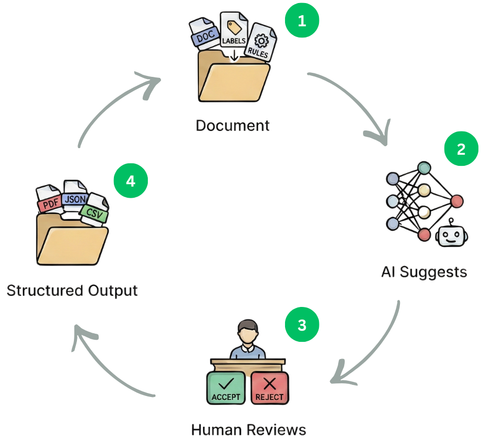 AnnotaLoop Data Annotation Workflow - Document to AI Suggestions to Human Review to Structured Output